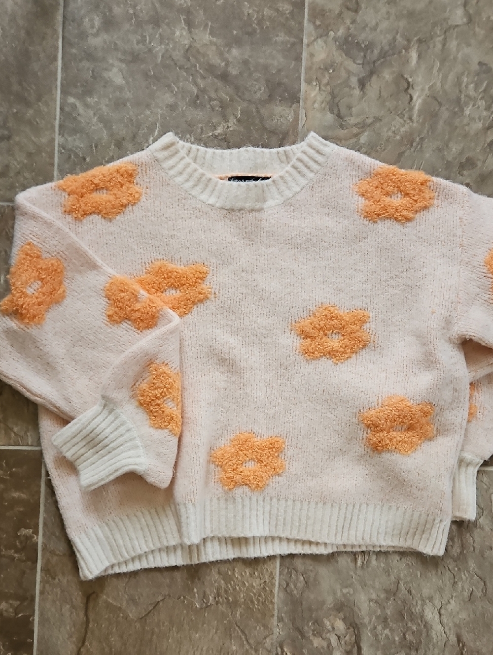 moon & madison Cream Sweater with Orange Floral Appliques